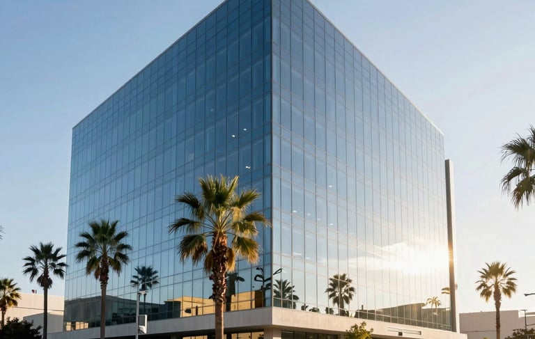 A professional architectural photograph of a sleek, modern glass office building in Irvine, Southern California, under a clear bright sky. The scene features palm trees and clean, minimalist landscaping. The lighting is bright and airy, reflecting efficiency. Colors include deep steel blue glass, pale blue sky, and warm gold sunlight glinting off the facade.