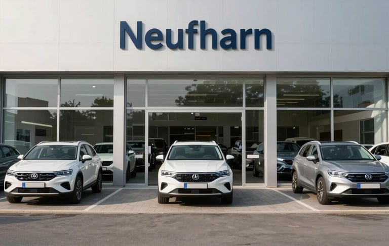 A professional wide-angle shot of a modern car dealership exterior in Neufahrn, Germany. The building features large glass panels reflecting several white and silver cars parked on a clean asphalt lot. Central European style, professional atmosphere, bright daylight lighting with silver and off-white tones.