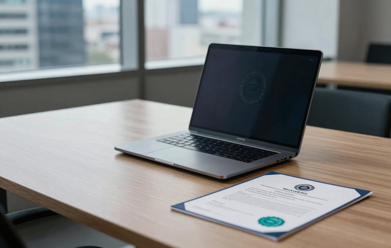 Photography of a modern and professional corporate office setting in Mexico City. A clean wooden table holds a high-end laptop and a professional certification document with a teal seal. Soft natural light flows through a window showing a cityscape. The mood is academic and rigorous, featuring deep blue and soft grey tones.