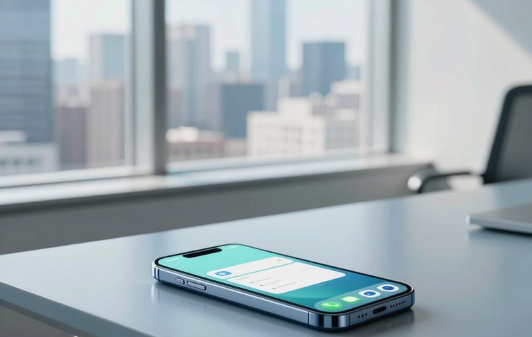 A high-end, bright North American office interior with large windows overlooking a blurred city skyline. On a sleek slate blue desk, a premium smartphone is visible, displaying a modern and minimalist application interface. The lighting is soft and natural, emphasizing a clean, sophisticated, and professional atmosphere using a palette of light blue-grey and pale cyan.
