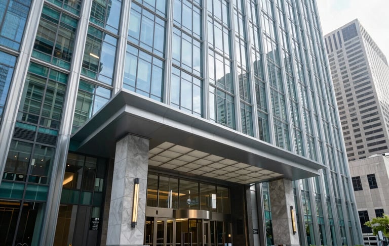 A wide-angle professional photograph of a modern, high-rise corporate headquarters entrance in a North American / US city. The scene features clean glass architecture, polished stone surfaces, and subtle teal and dark green brand accents in the landscaping. The lighting is bright and sophisticated, conveying trust and large-scale enterprise stability.