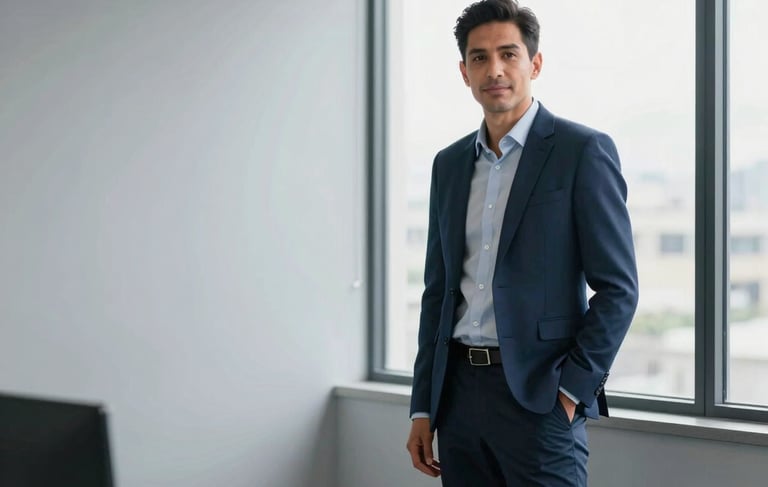A bright, minimalist office setting in Mexico City. A professional Mexican insurance advisor in business casual attire stands next to a window. The room is decorated in soft gray and navy blue. The lighting is clean and professional, creating an atmosphere of trust and efficiency.