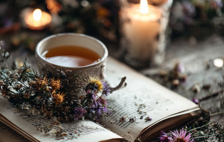 Cozy aesthetic scene with a cup of herbal tea resting on an open vintage book by candlelight.