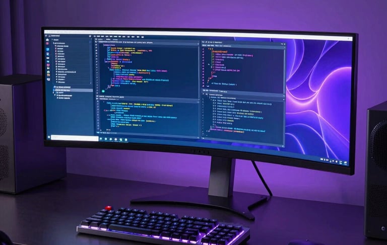 A professional, high-end North American software developer workspace at night. A large ultra-wide monitor displays vibrant neon blue and purple code blocks. Sleek, modern hardware like a back-lit mechanical keyboard rests on a dark minimalist desk. The atmosphere is cutting-edge and innovative with soft ambient purple lighting.