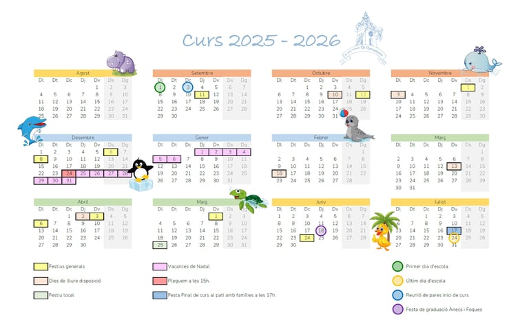 Calendari escolar 2025-2026 amb festes, períodes lectius i activitats del curs.