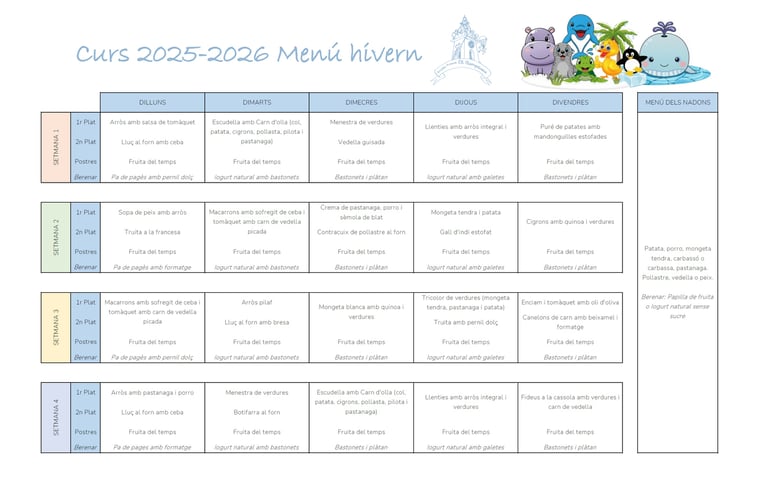 Menú d’hivern de l’escola amb plats equilibrats i saludables per als infants.