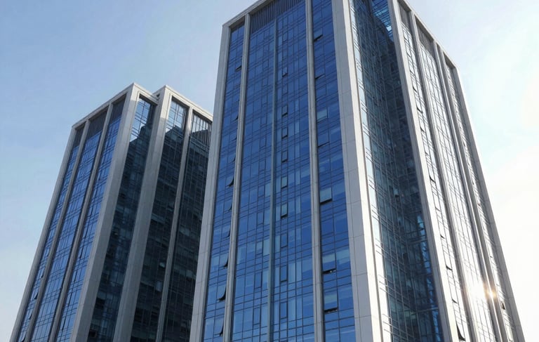 Professional wide-angle photography of a modern energy corporation building exterior in Maslak, Istanbul, Turkey. The structure features reflective blue glass and white steel accents under a clear bright sky. The mood is reliable and forward-thinking, emphasizing sustainable energy architecture.