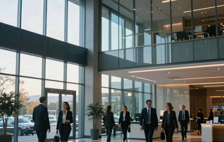 A high-end North American corporate headquarters lobby featuring sleek glass panels, dark navy and sky blue interior design elements, and soft morning light. Professionals in business attire are seen in a soft focus background, emphasizing a reliable and innovative business environment.