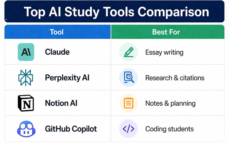 AI Study Tools Better Than ChatGPT comparison table for students in 2026