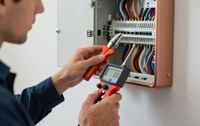 Close-up photography of professional technician hands holding a digital tellurometer and ammeter clamps while inspecting an electrical box in a modern Spanish / Andalusian home interior. Bright, professional lighting, sharp focus on the measuring tools with digital displays, clean navy blue work attire, and a warm copper and light grey-blue color palette.