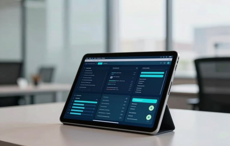 Modern office interior in Latinoamericana with a clean and professional atmosphere. A tablet on a sleek desk shows a blurry dashboard with deep blue and teal accents. Natural soft daylight from a large window. High-quality corporate photography style.