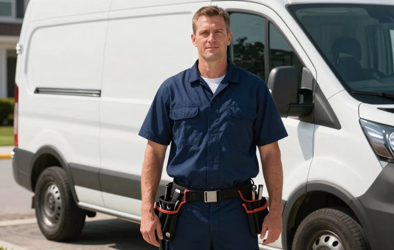 A high-resolution photograph of a professional plumber wearing a dark blue uniform and a tool belt, standing confidently in front of a modern white service van in a North American / US residential neighborhood in Orlando, Florida. Bright morning sunlight highlights the clean lines of the van and the professional appearance of the expert. The scene is sharp, clean, and evokes trustworthiness.