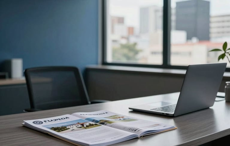 A sophisticated real estate office in a South American city, featuring a modern desk with property brochures and a laptop. A professional atmosphere with soft natural light entering through large windows, palette of dark blue and soft blue-grey, clean composition.