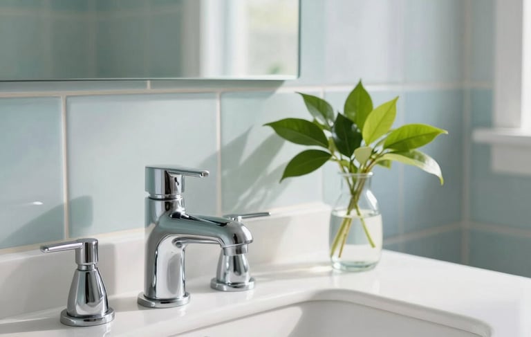 A crisp, high-detail photograph of a modern North American / US bathroom vanity. Features a clean white countertop, a polished chrome faucet, and a small glass vase with fresh green leaves. Soft aqua blue and white tiles in the background with bright, natural morning light pouring in, creating an uplifting and hygienic atmosphere.