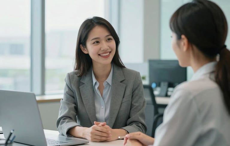 A clean, modern North American office environment with large windows allowing for soft daylight. A professional career consultant is engaged in a friendly conversation with a client, conveying a sense of hope and confidence. The setting features a palette of light blue and pale cyan accents, emphasizing accessibility and professionalism.