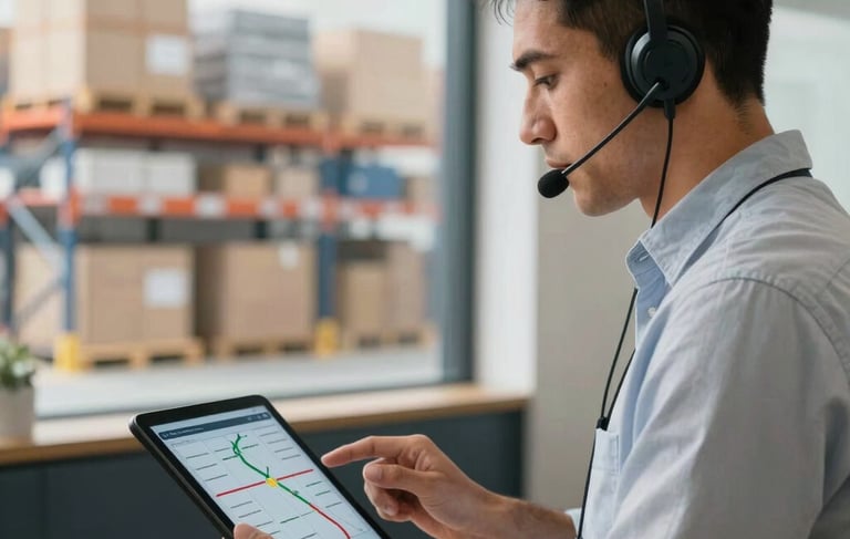 A professional South American logistics manager in a bright office environment, using a modern headset and looking at a tablet showing delivery routes. In the background, a clean and organized logistics warehouse is visible through a large window. The lighting is crisp and natural, highlighting a professional and efficient atmosphere with subtle navy blue and ochre accents in the decor.