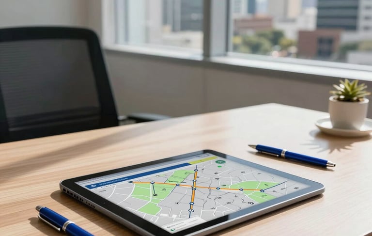 A clean, modern South American corporate office interior in Brazil. A professional wooden desk features a tablet displaying a delivery route map and a steel blue pen. Natural sunlight streams through a large window overlooking a business district. The atmosphere is efficient and professional, with a color palette of navy and off-white.