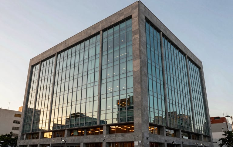 Professional photography of a modern, high-tech corporate office building in a South American/Brazilian business district. The shot is taken during the golden hour with soft sunlight. The architecture features clean glass panels and grey stone, with subtle cyan blue reflections and orange interior lighting visible through the windows. The composition is wide-angle and clean.