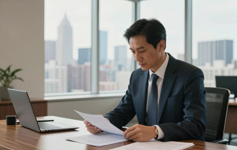 A high-end North American office interior with large windows overlooking a city skyline. A professional in a suit is reviewing property documents on a polished wood desk. The lighting is bright and soft, creating a trustworthy and strategic atmosphere. Accents of sand tan and muted blue are present in the decor. Professional architectural photography style.