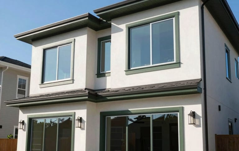 A high-end residential property exterior in a North American setting, featuring clean architectural lines, deep sage trim, and large windows reflecting a clear blue sky. The scene is shot in bright daylight, emphasizing professional real estate quality and trust.