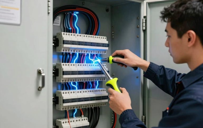 Wide-angle photography of a modern electrical panel being serviced by a North American technician in an Orlando home. The composition features sharp focus on the internal circuitry with electric blue lighting effects mimicking energy flow. The atmosphere is professional and high-tech, using dark navy and white tones with neon yellow accents on the tool handles.