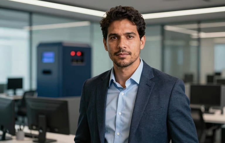 A high-quality professional photography of a confident South American / Brazilian man in a modern office. He is looking at the camera with a direct and confident expression, dressed in business casual attire. The background is a sophisticated tech environment with glass walls and hints of dark blue and slate blue machinery. Professional lighting, shallow depth of field, corporate style.