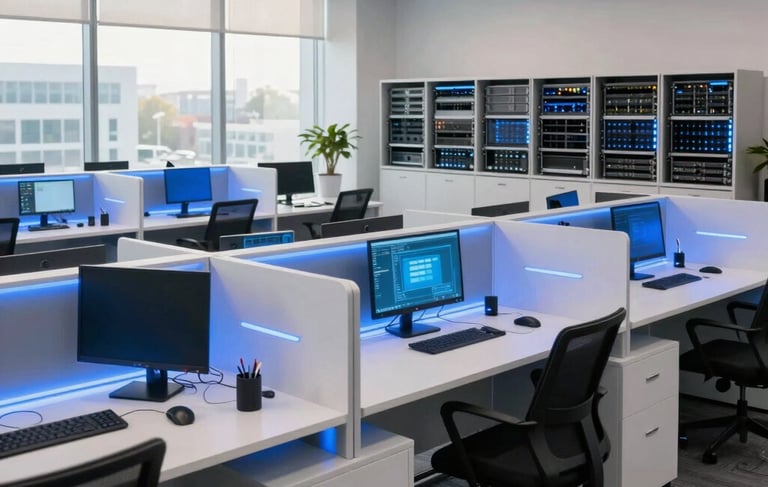 A wide-angle professional photograph of a modern tech operations center in a North American corporate building. The room is filled with sleek white workstations, glowing blue LED accents on the walls, and high-speed networking equipment in the background. Natural morning light pours in through large windows, creating a bright and trustworthy atmosphere.