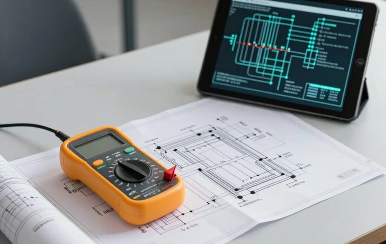 Professional photography of a South American Brazilian electrical engineering workspace. On a clean, light grey desk sits a detailed electrical blueprint for a residence, a modern multimeter, and a tablet displaying technical circuit diagrams. The environment is modern and clean, with soft white and teal accents reflecting professionalism and precision.