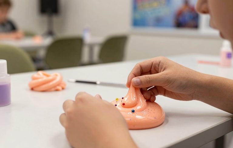 A close-up, high-quality photograph of a premium slime workshop for kids in a Southern European event space. In the center, a pair of hands are decorating a vibrant, peach-colored slime with elegant glitter and charm beads. The background is softly blurred, showing muted olive and off-white decor, reflecting a modern, creative, and professional animation setup.