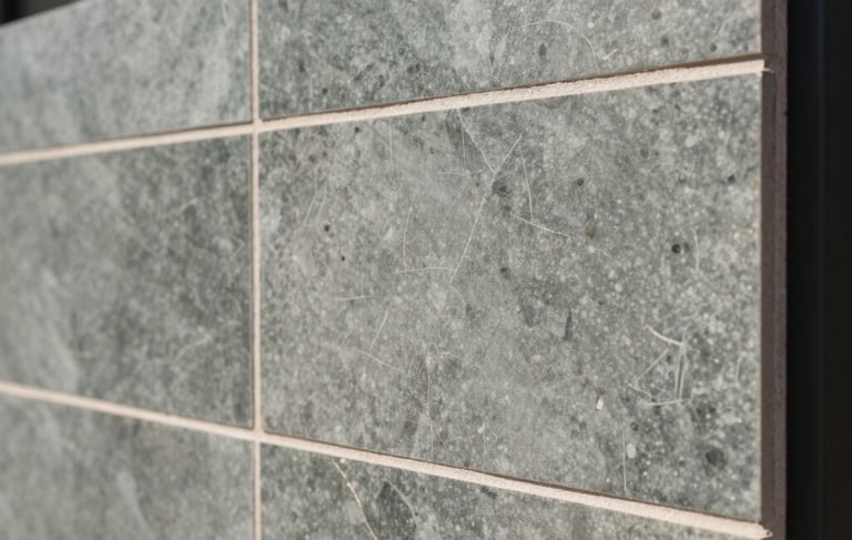 A close-up professional photograph of high-end architectural finishing in a South American / Brazilian modern house. The shot focuses on the precision of slate green and ash gray ceramic tile installation on a wall, showing perfect grout lines and clean edges under bright, natural daylight. The composition is sophisticated and minimalist.