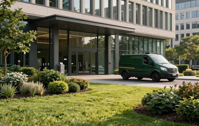 Professional architectural photography of a modern commercial office building entrance in Berlin, surrounded by perfectly maintained green lawns and decorative shrubbery. A professional maintenance vehicle in dark forest green is parked discreetly in the background. Soft afternoon sunlight, high-quality landscaping, clean lines, Central European setting.