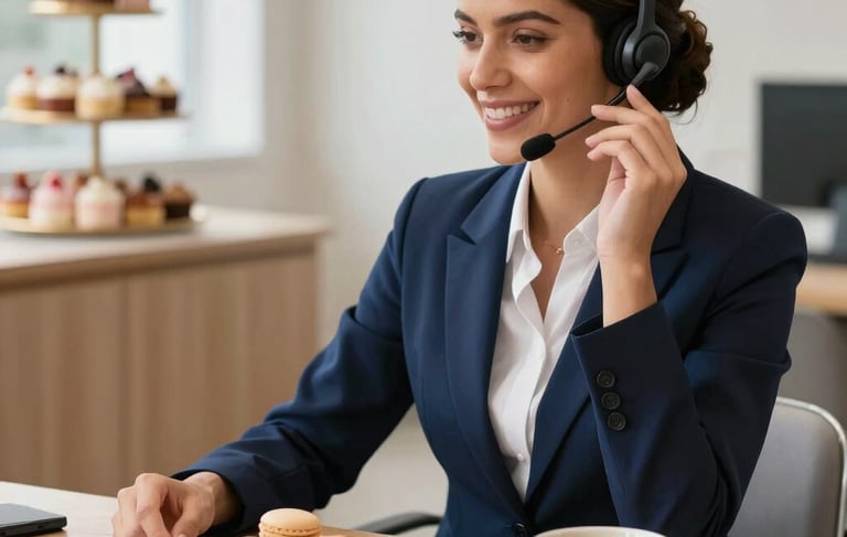 A professional South American / Brazilian attendant in a modern office setting, smiling while talking on a sleek headset. On their wooden desk sits an elegant ceramic plate with colorful macarons and a cup of coffee. The environment is bright and welcoming, blending corporate efficiency with the warmth of a luxury sweet shop. Soft natural lighting, high-end commercial photography, with a palette of midnight blue and soft peach.