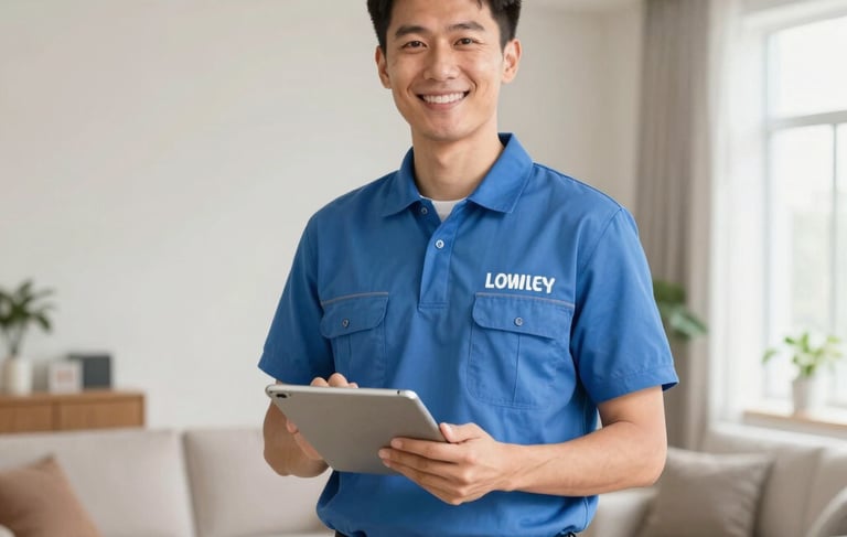 A professional and friendly electrician in a clean branded uniform, standing in a bright, modern North American living room and holding a digital tablet. The scene is illuminated by soft, natural light, highlighting clean wiring and modern light fixtures in the background. The mood is safe and approachable, featuring a soft blue and off-white color palette.