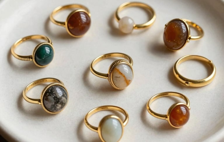 A beautiful flat lay of handmade bohemian rings made of gold brass and natural semi-precious stones, displayed on a textured warm white handmade ceramic plate, warm shadows, natural and cozy Breton style.