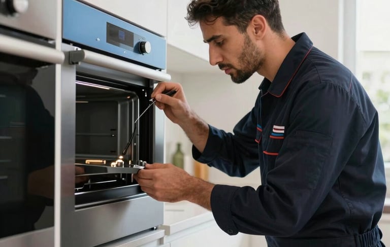 A detailed professional photograph of a skilled technician in a dark navy uniform fixing a modern built-in appliance in a clean, contemporary Middle Eastern / Gulf residential kitchen. The lighting is bright and professional, suggesting expertise and reliability. The color palette includes dark navy, light blue, and off-white.