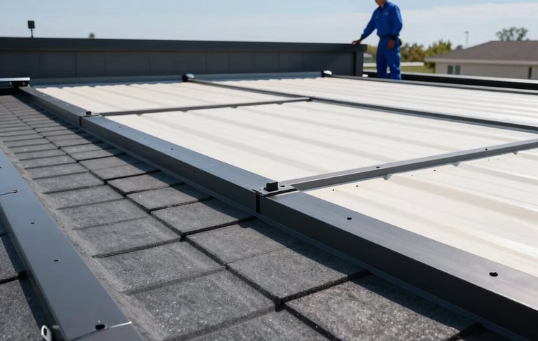A professional, modern photography shot of a newly installed commercial flat roof system in North American / US - New Jersey. The scene features clean lines, dark gray and off-white roofing materials, and a bright blue sky. A professional roofing contractor in a deep blue uniform is visible in the background inspecting the work. High-converting, industrial style.