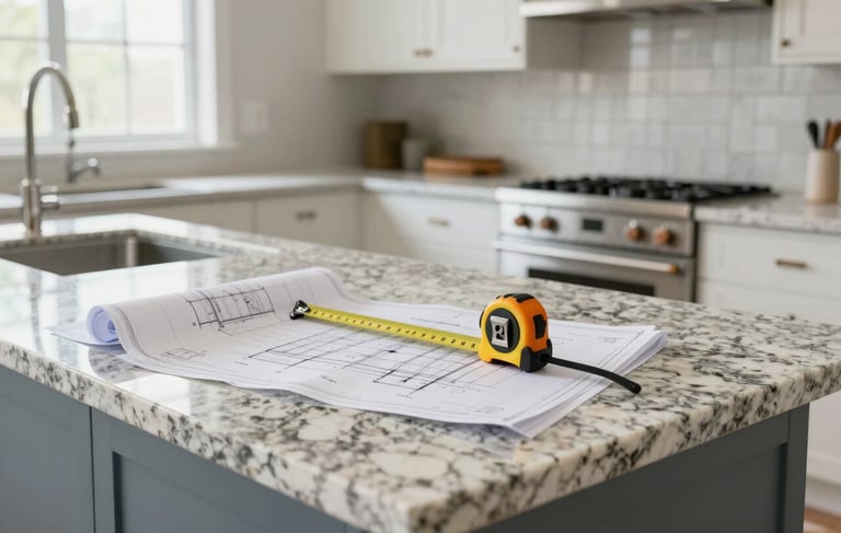 Professional photography of a high-end residential kitchen renovation in a North American / Hispanic home. A modern granite countertop features architectural blueprints and a measuring tape. Bright natural light, soft steel blue accents, clean lines, and a professional construction atmosphere.