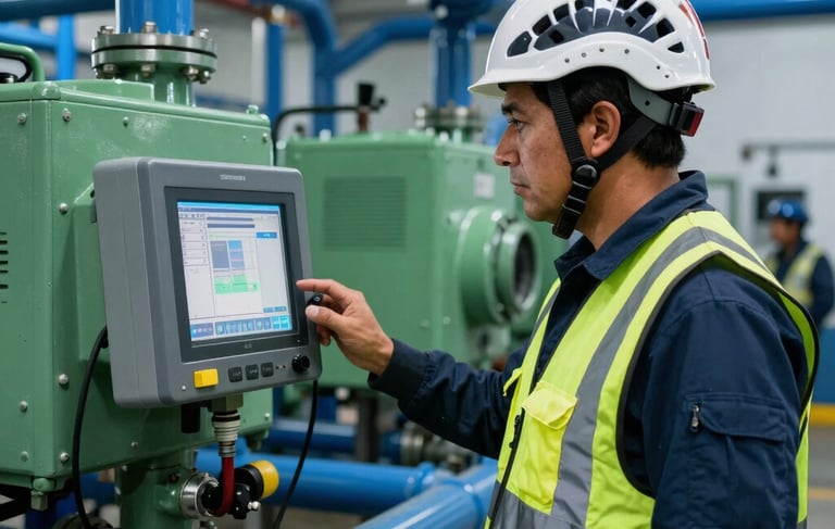 A high-resolution photograph of a professional South American / Mexican technician wearing a modern safety vest and helmet, monitoring a digital control system in a water treatment plant. The background features Maya blue pipes and apple green machinery reflecting cobalt blue ambient lighting. Sharp focus, cinematic industrial atmosphere.