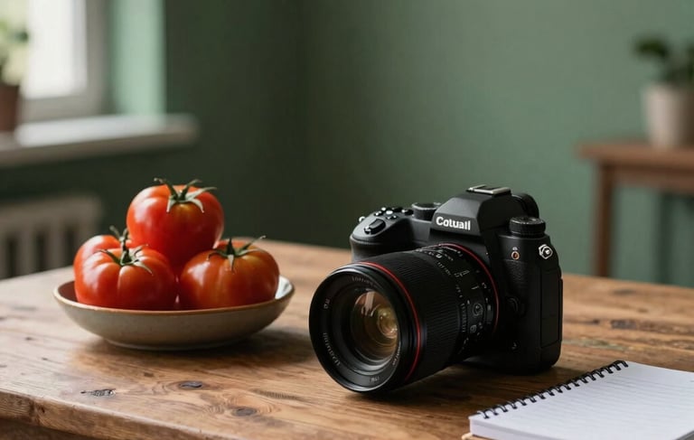 A professional photography scene in a North American / European minimalist studio. On a rustic wooden table, a high-end digital camera sits next to a bowl of deep ripe crimson heirloom tomatoes and a planner. Natural soft window lighting creates a sophisticated yet approachable atmosphere with matte forest green wall accents.