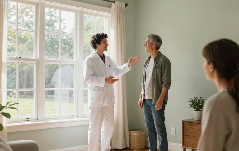 Wide-angle lifestyle photography of a clean, bright, and healthy North American living room with large windows letting in natural sunlight. A professional environmental expert in a crisp white uniform stands near a happy homeowner, gesturing towards a perfectly clean corner of the room. The atmosphere is warm and reassuring with soft green and light beige interior accents.