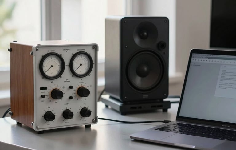 A professional Southern European / Spanish acoustic engineer's workspace in Málaga, showing high-end sound measurement equipment and a technical laptop on a minimalist ash-grey desk. Soft, natural daylight from a large window reflects off white bone surfaces, creating a clean, authoritative atmosphere. No graphics or text visible.