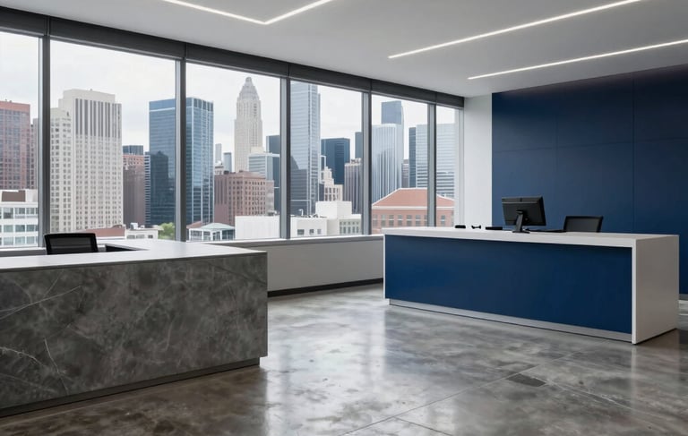 High-end North American marketing agency interior with polished concrete floors and large windows overlooking a city skyline. Sharp, clean lighting with slate gray and navy blue accents.