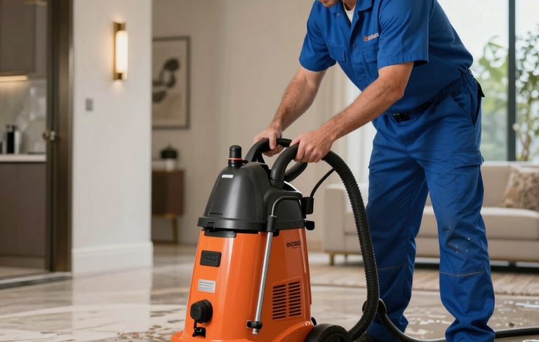 Professional photography of a restoration technician in a branded steel blue uniform operating a large orange industrial water extractor in a luxury Miami home. The lighting is crisp and modern, focusing on the efficient removal of water from a flooded floor. North American / US (Miami, Florida) setting.