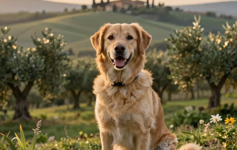 Professional photography of a happy, well-groomed dog sitting calmly in a lush garden in Fiesole, Italy. The background features rolling Tuscan hills and olive trees in sage green under a warm, golden sunset light. The composition is elegant and evokes a sense of trustworthy and compassionate pet care.