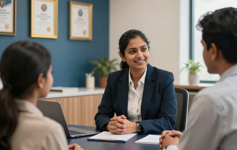 High-resolution professional photograph of a bright, modern consultation room in an Indian university hub. A South Asian / Indian counselor in professional attire is speaking with a student and their parent across a dark navy desk. The atmosphere is optimistic and authoritative. Elements of steel blue and gold are visible in the room's interior design, like a steel blue accent wall and gold-framed certificates. Soft cinematic lighting, shallow depth of field.