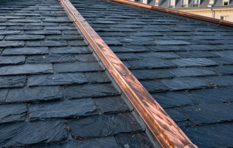 Professional photography of a renovated luxury roof in a French city. Close-up on elegant slate tiles and copper metal work. Soft morning sunlight. Colors include dark slate blue, bronze brown, and pale blue. European artisanal quality.