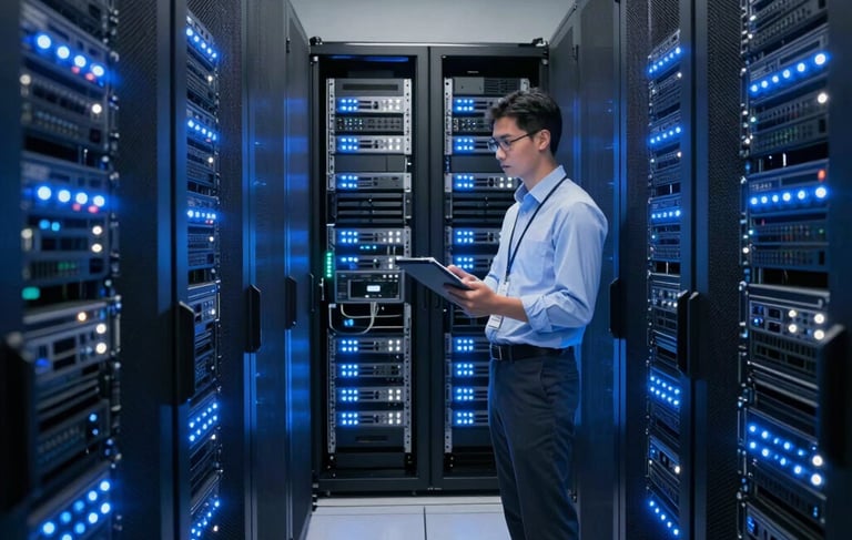 Photography of a high-tech server room in a North American / US corporate facility. Rows of blinking blue and white LED lights on server racks create a secure and modern atmosphere. A professional IT engineer in business casual attire is holding a tablet, standing in the aisle of the server room. The environment is impeccably clean, featuring a color palette of deep charcoal, dark gray, and bright blue light.