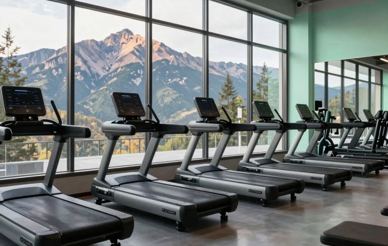 Wide-angle photography of a high-end North American / US boutique fitness studio. Through large industrial windows, a view of a sunlit mountain ridge is visible. The interior features clean lines, dark slate equipment, and mint green accents. The lighting is bright and energetic, reflecting a premium wellness environment.