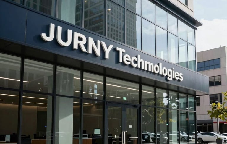 A sleek, professional photograph of a modern glass office interior in a North American city like Denver, capturing a contemporary aesthetic. The scene features clean lines, bright natural lighting, and a palette of dark navy and light gray tones, emphasizing JURNY Technologies' sophisticated corporate culture.