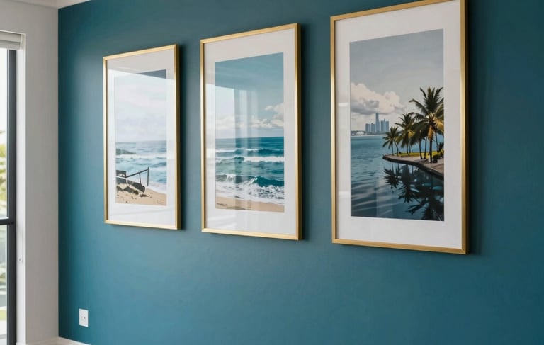 A detailed professional photograph of a luxury Auckland residential interior, showing a freshly painted feature wall in a deep teal color. The room is modern and bright, with gold-framed art and clean white trim, reflecting premium trade quality. The lighting is soft and natural, Oceanic style.